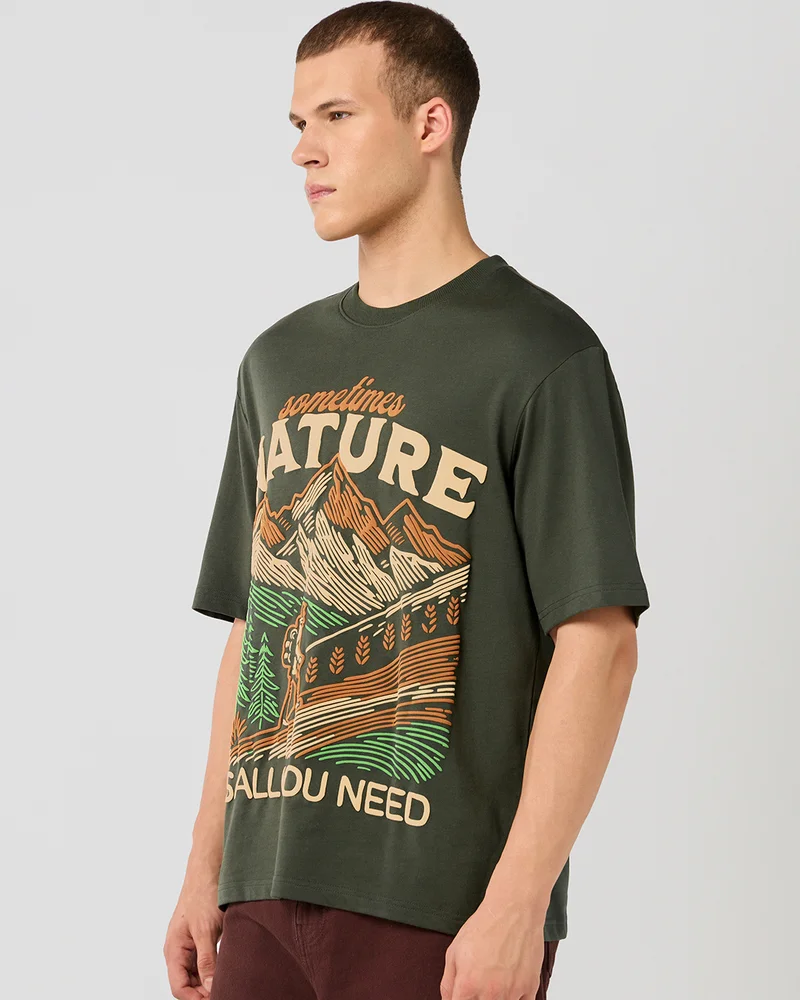 bewakoof Men's Grape Leaf Green Sometimes Nature Graphic Printed Oversized T-shirt